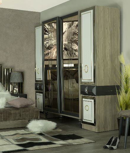 غرفة نوم هاسندا (ألواح MDF) – سرير 160 سم، تسريحة 120 سم، عدد 2 كومود 60 سم، دولاب 260 سم