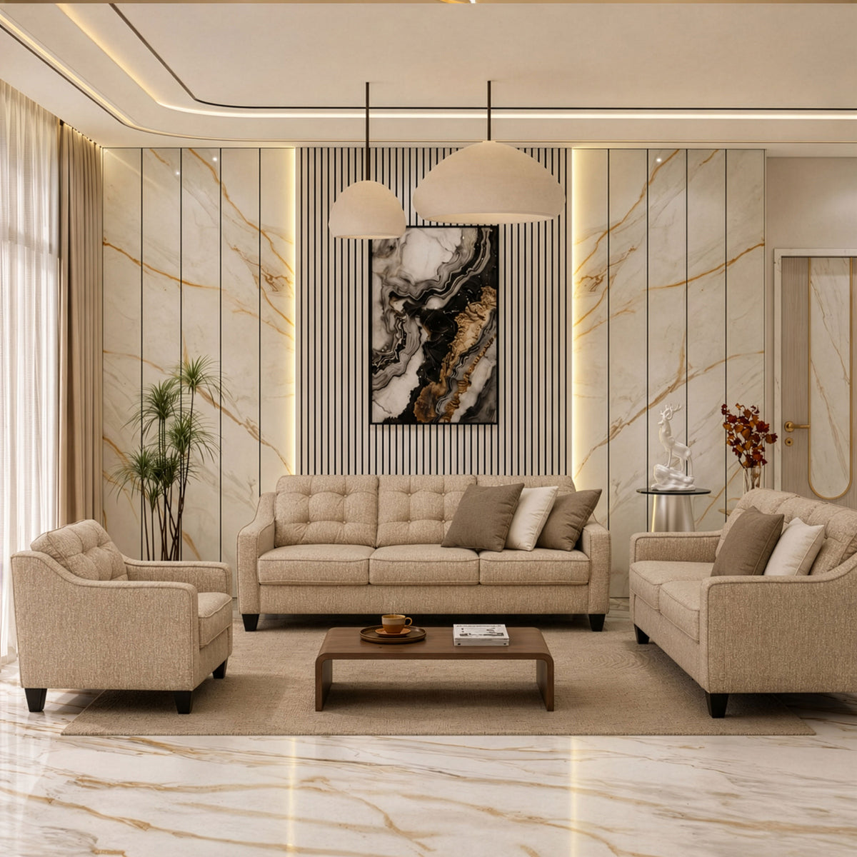 Modern 3-Piece living room (Plywood, Beech wood, and Musky wood) - Color: Beige - Moana