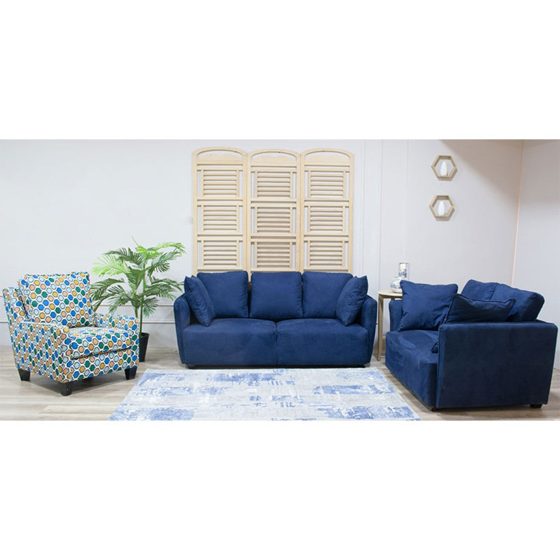 Modern Sofa Set 3 Pieces (Beech Wood, Plywood, Pine) – Color: Navy Blue and Patterned – buffy