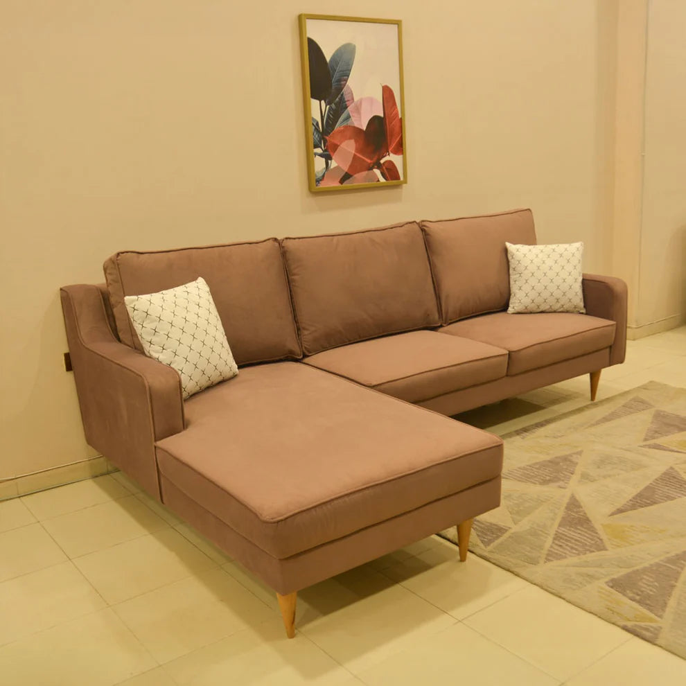 ركنة منزلية مودرن على شكل حرف L – خشب إم دي إف و موسكي والأرجل خشب زان – وردي مطفي – 255*175*85 سم - Alpha Slim