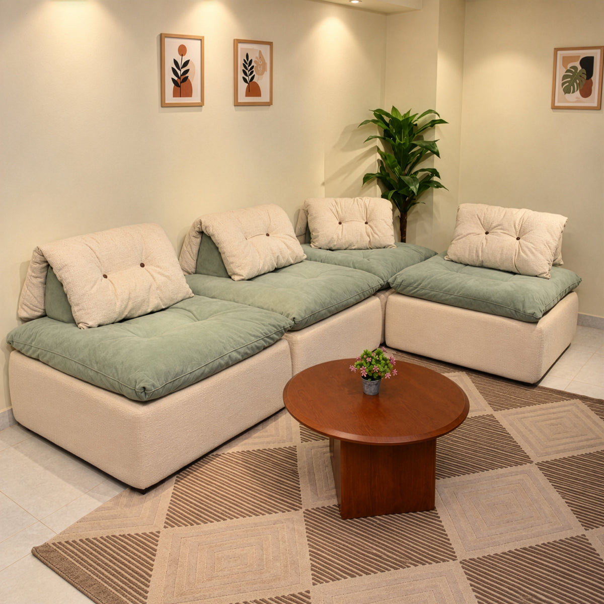ركنة مودرن على شكل حرف L – أخضر مينت وأبيض – 315 × 210 × 85 سم – Cubic
